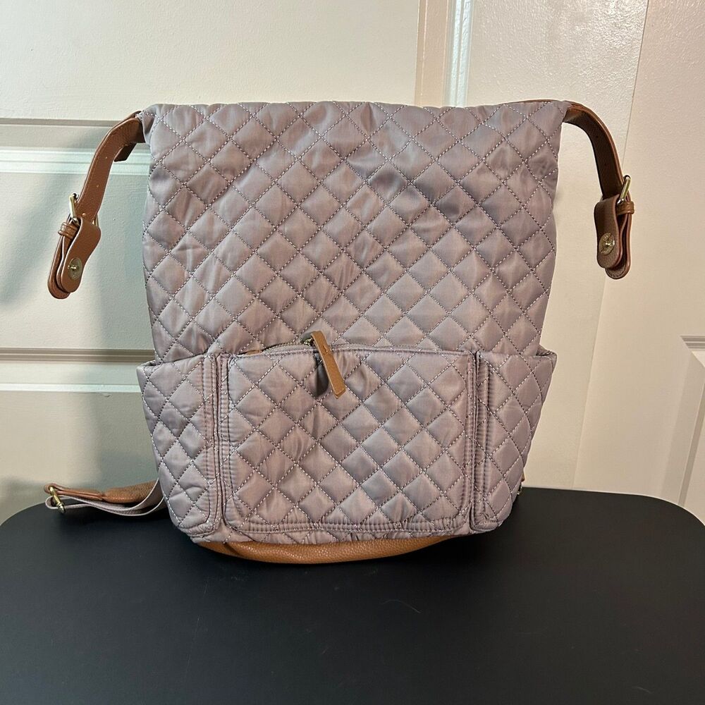 Tommy Bahama Quilted Nylon Backpack with Faux Leather Trim – Taupe & Tan